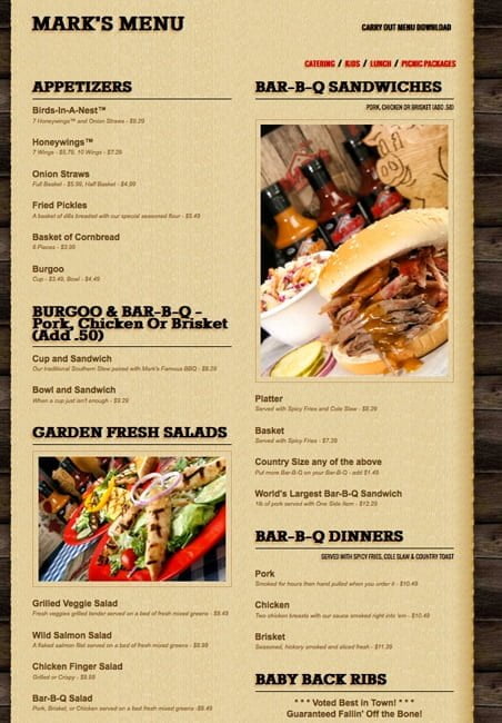 Mark's Feed store Menu