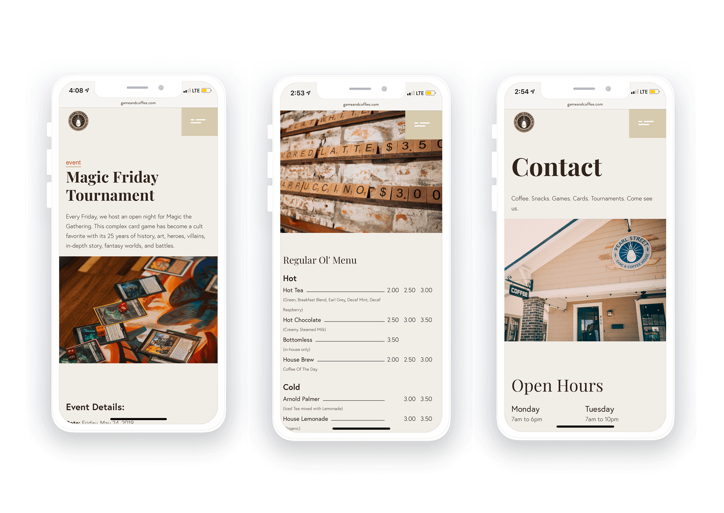 Pearl Street Game & Coffee House - Mobile Mockups
