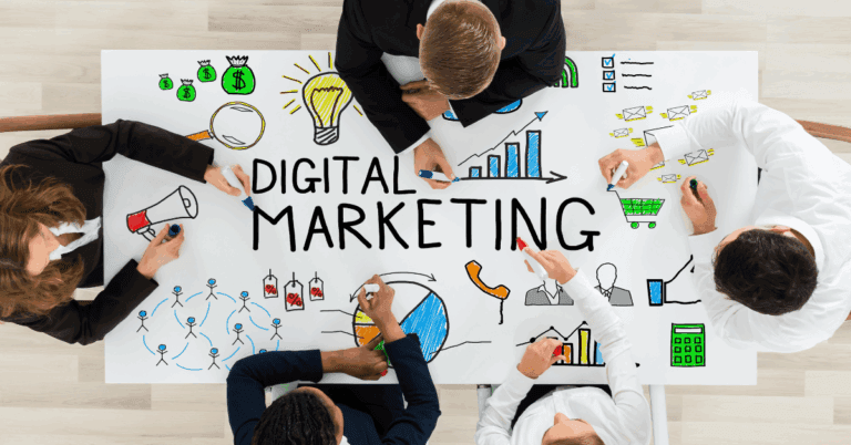 A photo illustration of a group of people in businesswear creating a Digital Marketing poster.